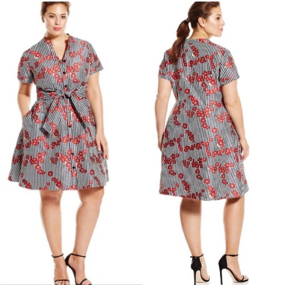 Plus-Size Red Floral Gingham Tie-Waist Midi Dress